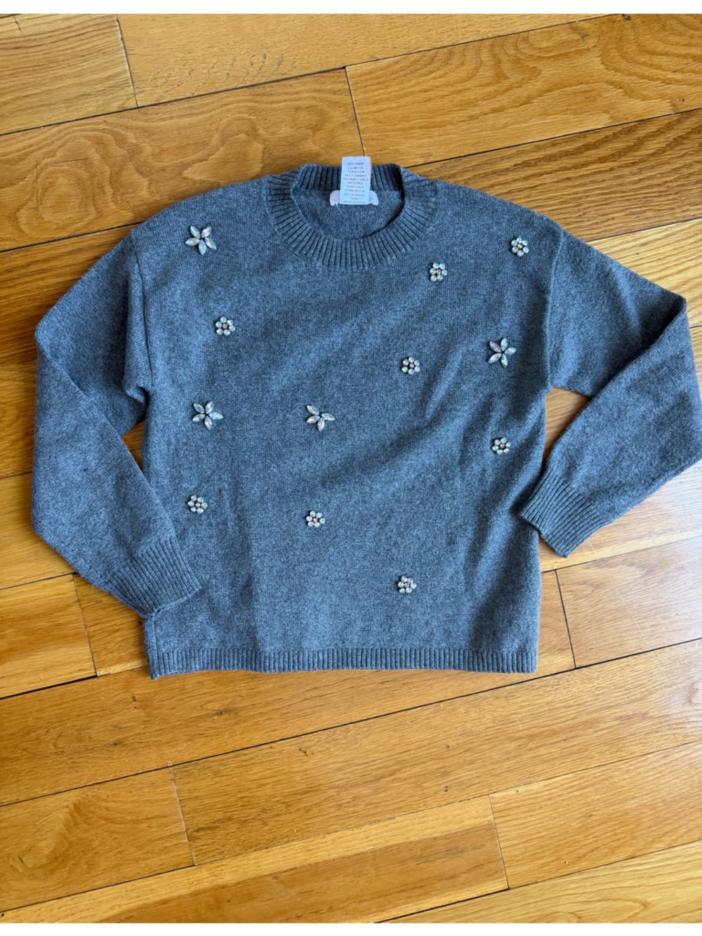 Girls Embellished Gray Crewneck Sweater
